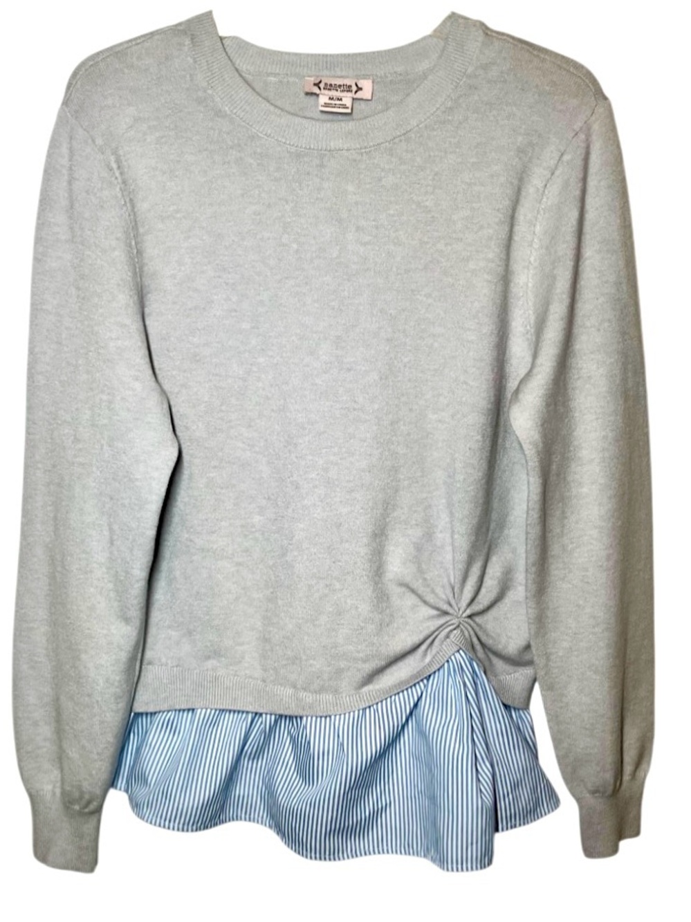 Nanette Lepore Long Sleeve Twist Knot Twofer Sweater in Grey/Blue/White Womens M - Picture 2 of 7
